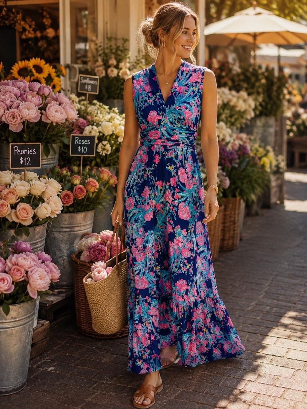 Lilly Pulitzer Pearce Corsica Blue Toucan Party Pink Floral V-Neck Maxi Dress XS